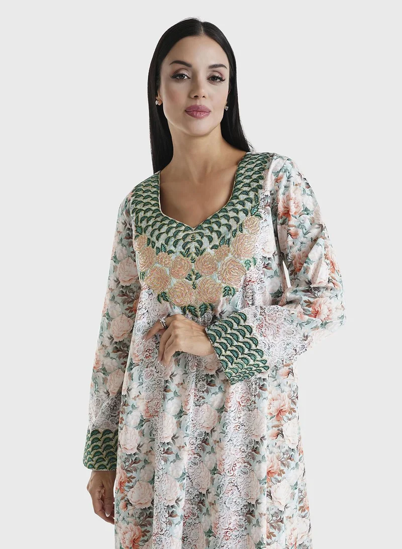 KASHKHA Green Floral Printed Liberty Cotton Mukhawar Jalabiya (VG2743)