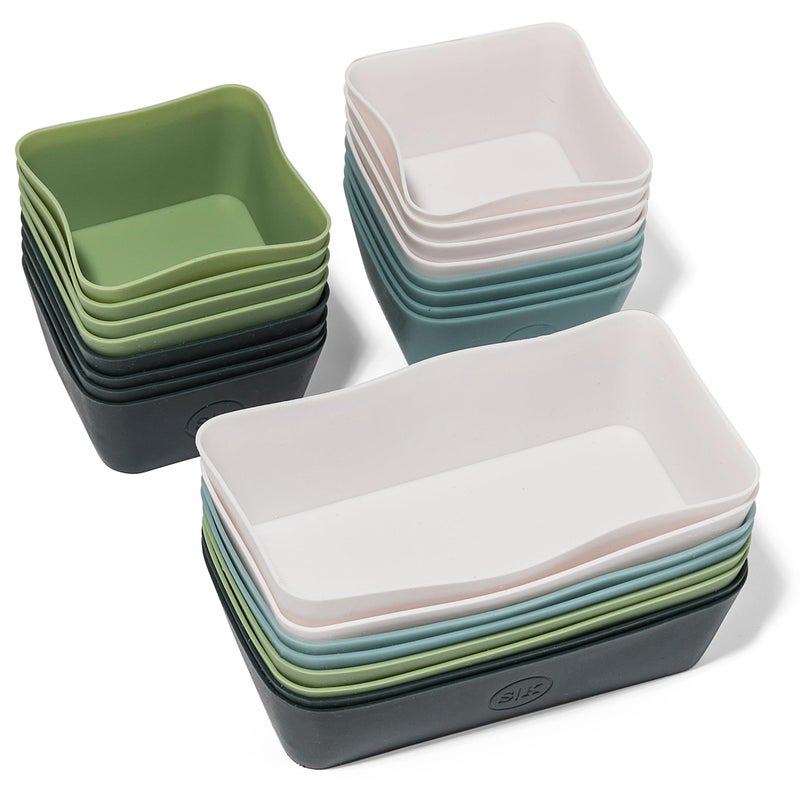 The Silicone Kitchen كوب الخبز السيليكوني القابل لإعادة الاستخدام من سيليكون كيتشن، غير سام، خالي من BPA، آمن في غسالة الصحون، ملحقات صندوق الغداء، فواصل صندوق الغداء، مربع ومستطيل، 24 قطعة، أزرق، أبيض، أخضر - Image 1