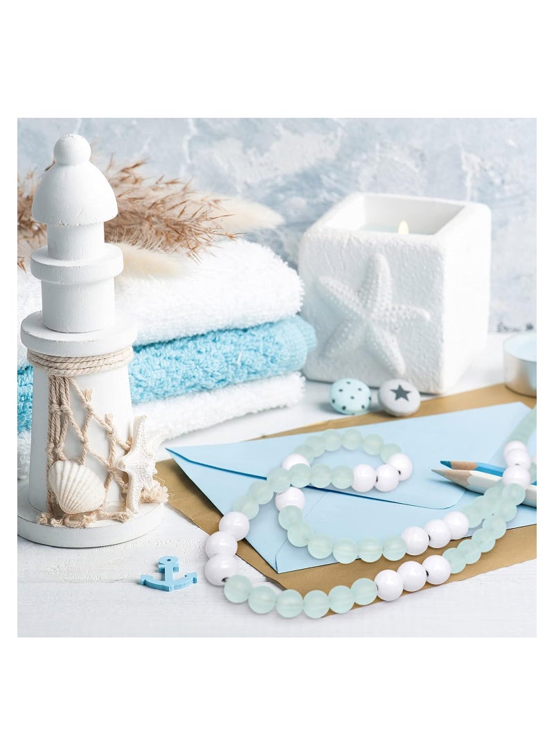 Luckam Wood Beads Garland with Tassels, 1 Pcs White Wooden Beads with Round Frosted Aqua Acrylic Beads, Boho Farmhouse Country Rustic Wall Hanging Tiered Tray Coffee Summer Table Beach Decorr - Image 2