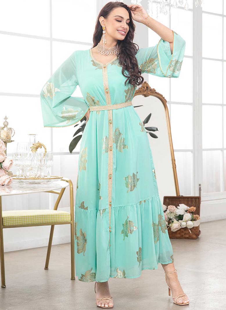 فرايديين لطيف انيق طوق على شكل V طباعة تباين اللون البرونزي ازرار مكشكش مكرمش حزام كم منتظم قفطان اخضر - Image 1