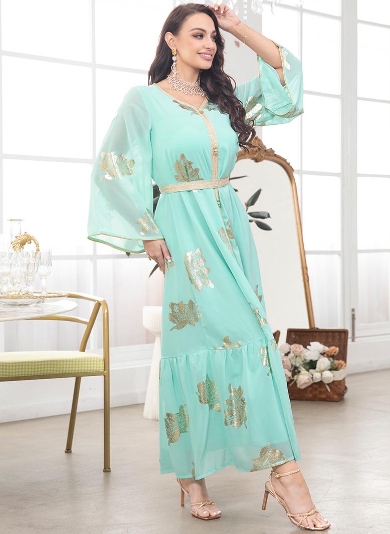 فرايديين لطيف انيق طوق على شكل V طباعة تباين اللون البرونزي ازرار مكشكش مكرمش حزام كم منتظم قفطان اخضر - Image 4