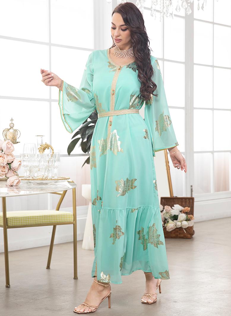 فرايديين لطيف انيق طوق على شكل V طباعة تباين اللون البرونزي ازرار مكشكش مكرمش حزام كم منتظم قفطان اخضر - Image 5