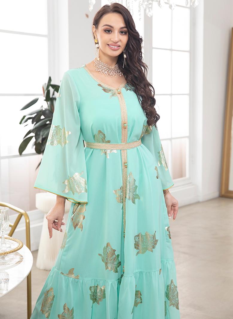 فرايديين لطيف انيق طوق على شكل V طباعة تباين اللون البرونزي ازرار مكشكش مكرمش حزام كم منتظم قفطان اخضر - Image 3