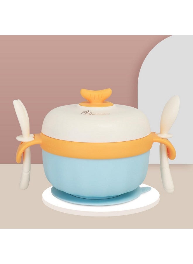 أر فور رابيت مجموعة أوعية طعام آمنة لتخزين طعام الطفل مع ملعقة وشوكة للطفل | صندوق وجبات خفيفة/فواكه متعدد الوظائف من الفولاذ المقاوم للصدأ 304 بسعة 350 جرام (أزرق) - Image 1