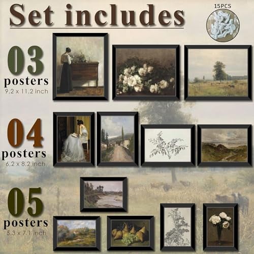 LANCHI95 12 Pcs Vintage Wall Art Decor FRAMED, Vintage Art Prints, Moody gallery wall art, Eclectic French Country Pictures Wall Decor for Bedroom - Image 2