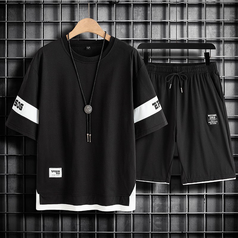 Fat Boys plus size suit Summer Middle and Big Childrens Cotton Short-sleeved Five-piece Pants Teenager Plus Fat Widened Childrens Two-piece Set Black 