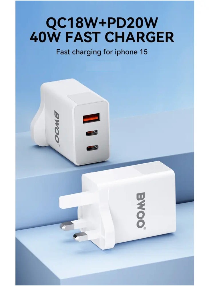 BWOO BWOO 40W Multi-Port USB Charger for iPhone 14 with PC Material, EU/US/UK Plugs, 3-in-1 Multifunction Fast Chargers  - Image 3
