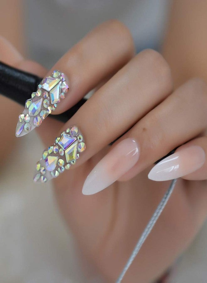 EchiQ Luxury Fake Nails Designer Extra Long Ombre French Jewelry Pre-designed Nails Natural Stiletto AB Stones Decoration Tips - Image 3