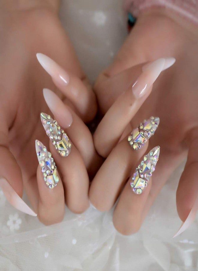EchiQ Luxury Fake Nails Designer Extra Long Ombre French Jewelry Pre-designed Nails Natural Stiletto AB Stones Decoration Tips - Image 4
