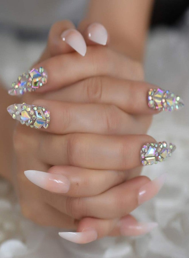 EchiQ Luxury Fake Nails Designer Extra Long Ombre French Jewelry Pre-designed Nails Natural Stiletto AB Stones Decoration Tips - Image 2