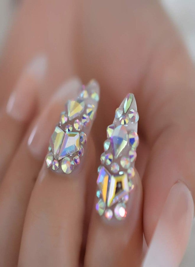EchiQ Luxury Fake Nails Designer Extra Long Ombre French Jewelry Pre-designed Nails Natural Stiletto AB Stones Decoration Tips - Image 5