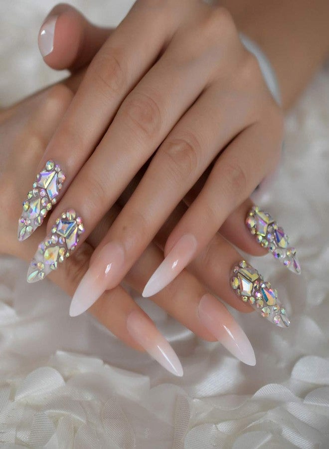 EchiQ Luxury Fake Nails Designer Extra Long Ombre French Jewelry Pre-designed Nails Natural Stiletto AB Stones Decoration Tips - Image 1