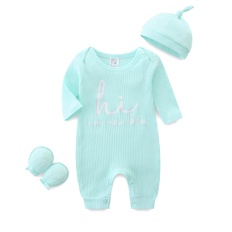 Babymine 3Pack Newborn Baby Jumpsuit Letter Print Baby Outfit Romper Hat and Gloves Unisex Clothes 03 Months Light Green