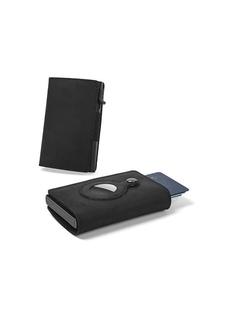 Smart Air Tag Wallet | RFID Credit Card Money Holder Automatic Pop up Mini Aluminum Wallet | Pocket-Sized and Slim Design Multipurpose Accessory for AirTag Black Leather