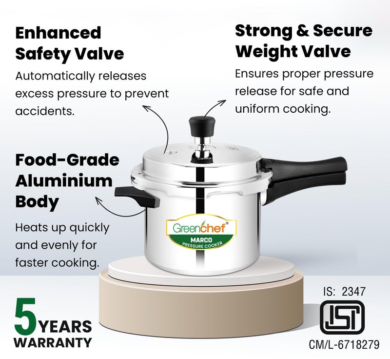 GREENCHEF Marco Aluminium Pressure Cooker Outer Lid 5 Litres capacity, ISI Certified, Silver Colour - Image 3