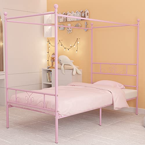 Weehom Twin Canopy Bed Frame with Headboard and Footboard 4 Posters Metal Bed Frame No Box Spring Needed Mattress Foundation Platform Bed for Kids and Adults Pink