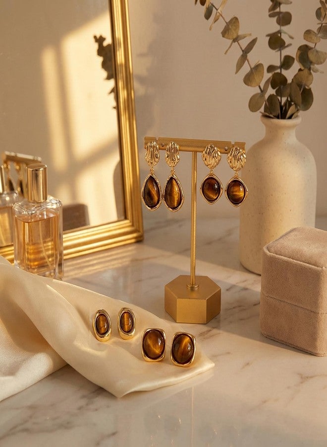 Bmpzery 4 Pairs Brown Gold Earrings for Women, Brown Resin Tiger Eye Stud Earrings Set, Chunky Translucent Hypoallergenic Vintage Fashion Jewelry Gifts - Image 3