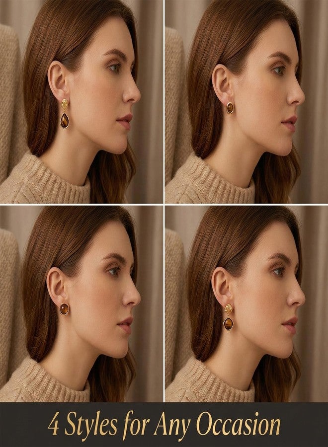 Bmpzery 4 Pairs Brown Gold Earrings for Women, Brown Resin Tiger Eye Stud Earrings Set, Chunky Translucent Hypoallergenic Vintage Fashion Jewelry Gifts - Image 4