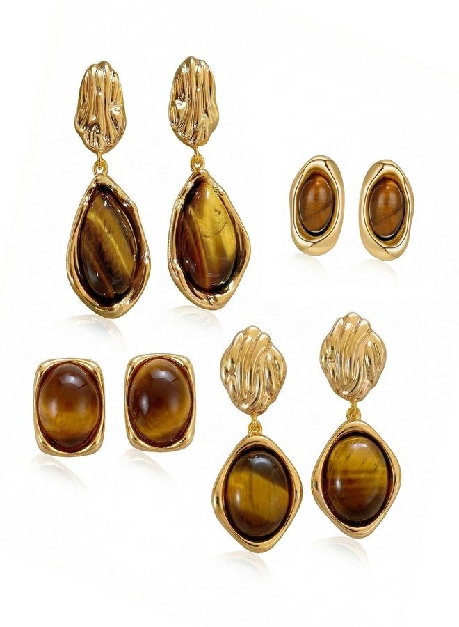 Bmpzery 4 Pairs Brown Gold Earrings for Women, Brown Resin Tiger Eye Stud Earrings Set, Chunky Translucent Hypoallergenic Vintage Fashion Jewelry Gifts - Image 1