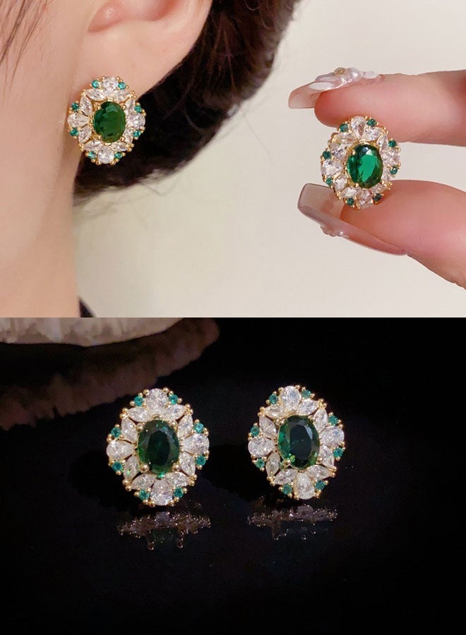 Women's Gold-Plated Stud Earrings, Emerald Green & Zircon Statement Earrings for Ladies, Ideal for Daily & Formal Wear in Middle East - Image 1