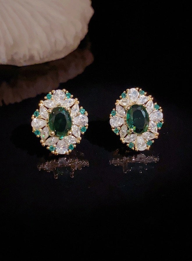 Women's Gold-Plated Stud Earrings, Emerald Green & Zircon Statement Earrings for Ladies, Ideal for Daily & Formal Wear in Middle East - Image 4