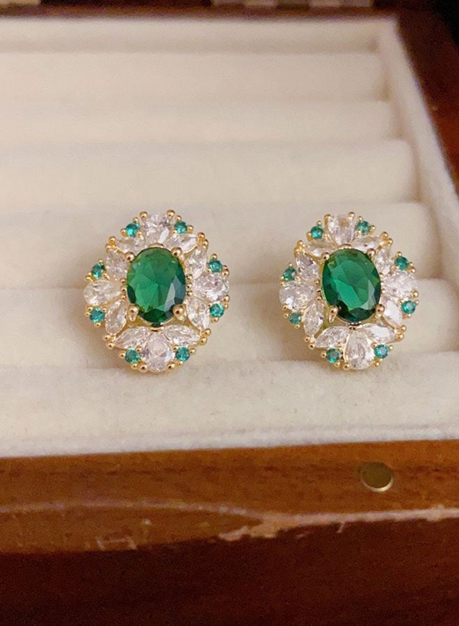 Women's Gold-Plated Stud Earrings, Emerald Green & Zircon Statement Earrings for Ladies, Ideal for Daily & Formal Wear in Middle East - Image 2