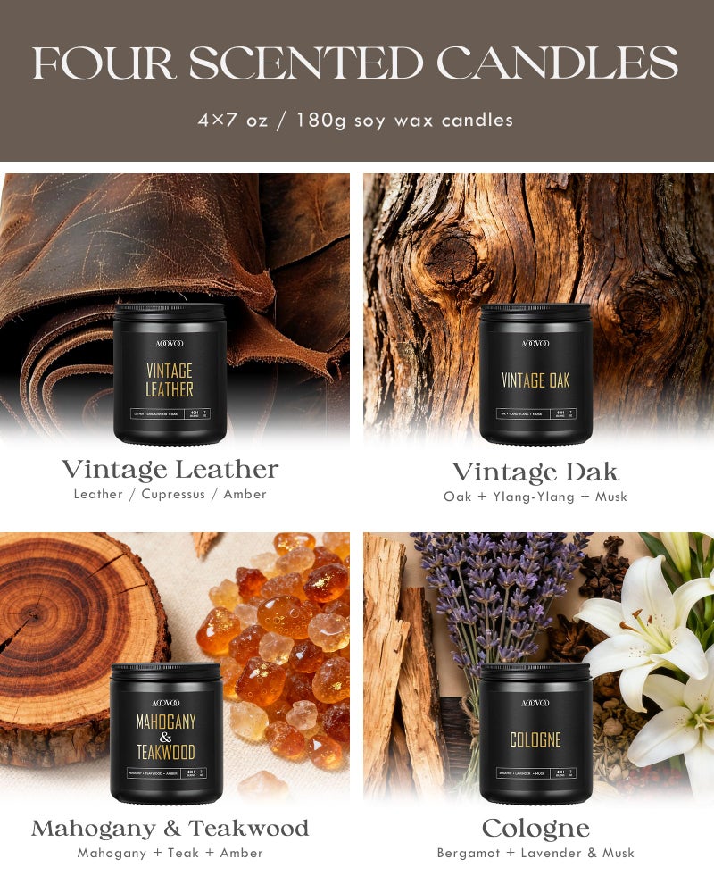 AOOVOO Scented Candles for Men - 4 Pack Candles for Home Scented, 28oz Soy Wax, 200 Hour Burn Time, Men Candle Set, Vntage Leather/Vntage Oak/Mahogany Teakwood/Cologne Candle Set - Image 4
