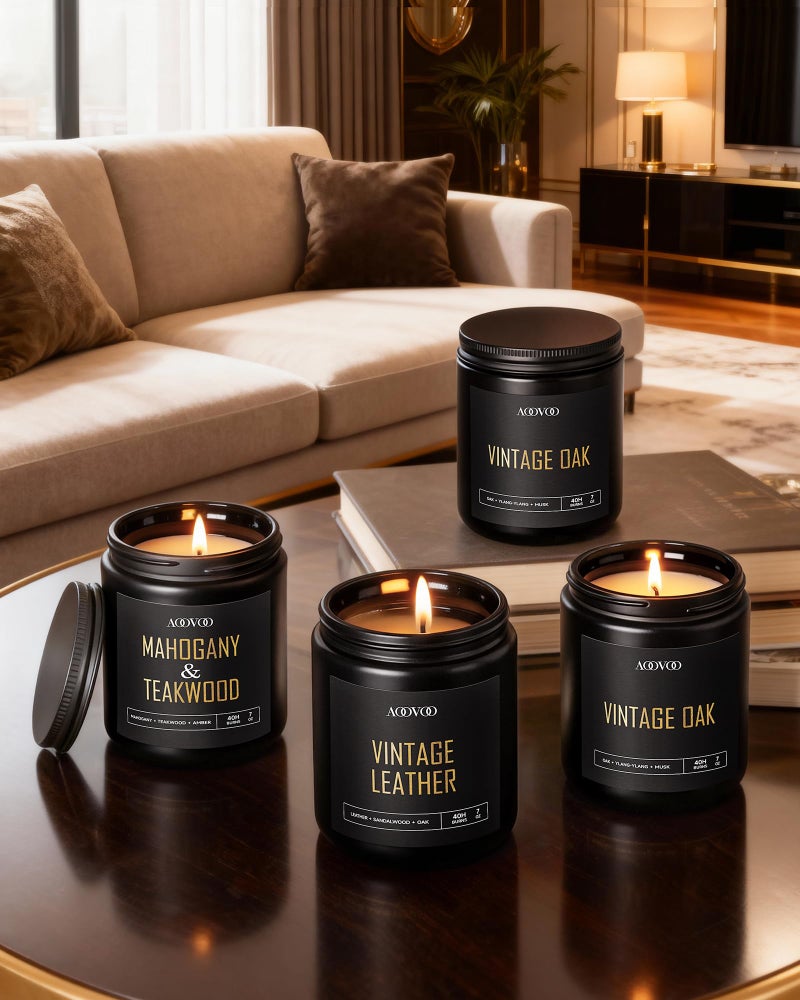 AOOVOO Scented Candles for Men - 4 Pack Candles for Home Scented, 28oz Soy Wax, 200 Hour Burn Time, Men Candle Set, Vntage Leather/Vntage Oak/Mahogany Teakwood/Cologne Candle Set - Image 5