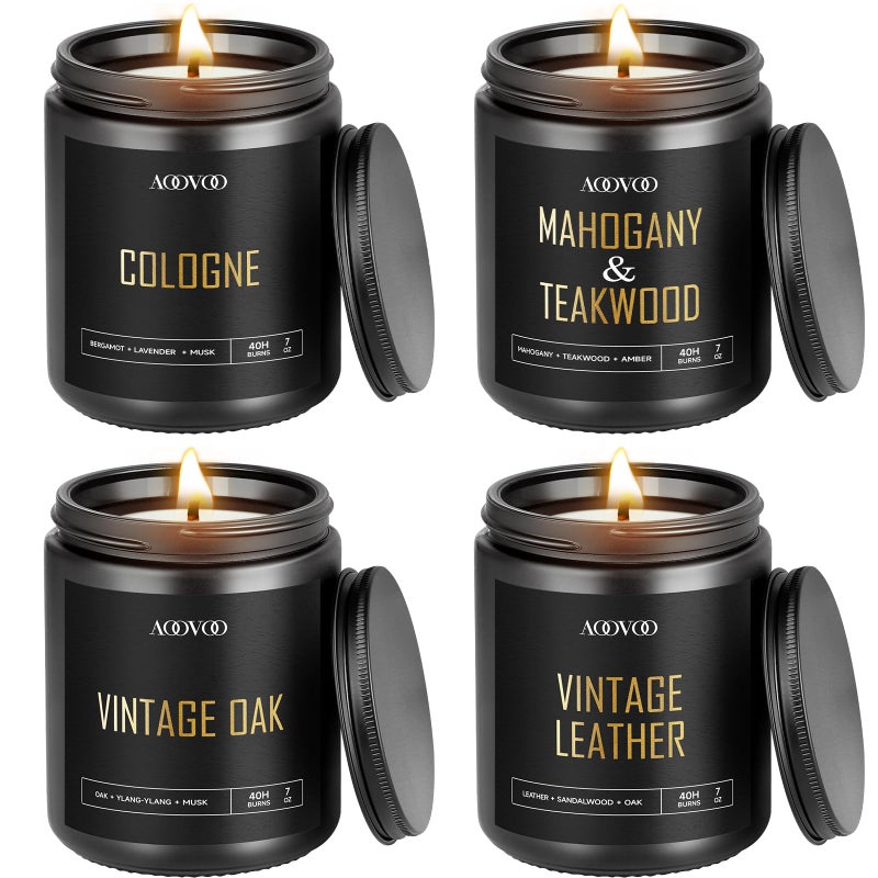 AOOVOO Scented Candles for Men - 4 Pack Candles for Home Scented, 28oz Soy Wax, 200 Hour Burn Time, Men Candle Set, Vntage Leather/Vntage Oak/Mahogany Teakwood/Cologne Candle Set - Image 1