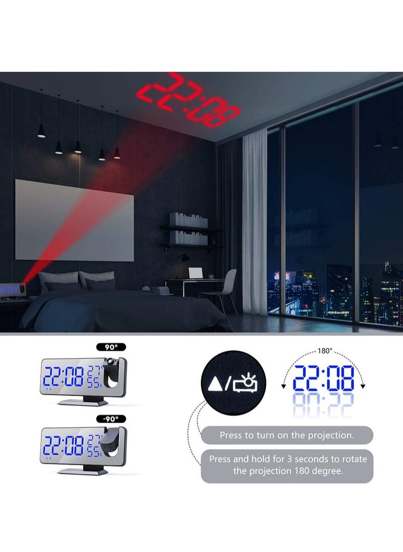MIXDE - Digital Projection Alarm Clock with Mirror Surface 4-in-1 180 Degree Projector Clock Indoor Temperature Humidity Monitor FM Radio Phone Charger LED Display - Image 1