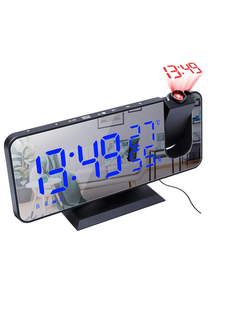 MIXDE - Digital Projection Alarm Clock with Mirror Surface 4-in-1 180 Degree Projector Clock Indoor Temperature Humidity Monitor FM Radio Phone Charger LED Display - Image 1