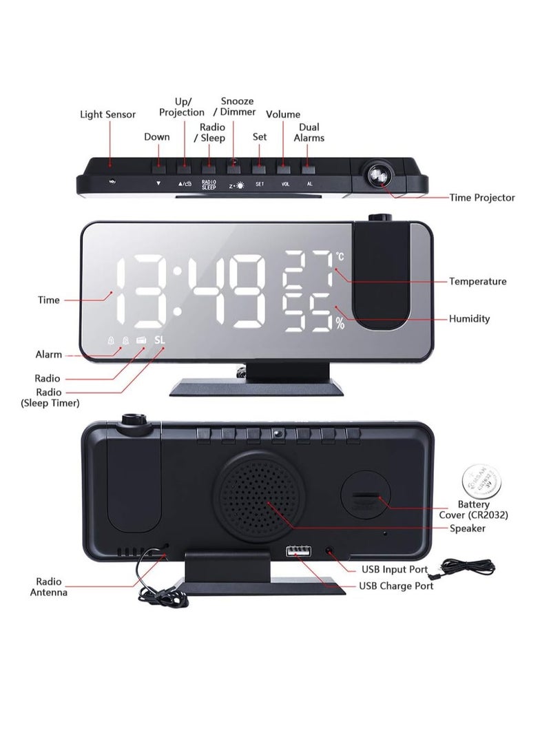 MIXDE - Digital Projection Alarm Clock with Mirror Surface 4-in-1 180 Degree Projector Clock Indoor Temperature Humidity Monitor FM Radio Phone Charger LED Display - Image 1