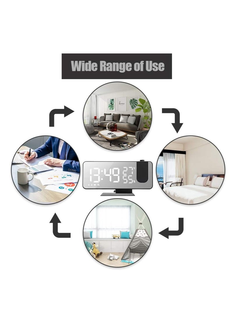 MIXDE - Digital Projection Alarm Clock with Mirror Surface 4-in-1 180 Degree Projector Clock Indoor Temperature Humidity Monitor FM Radio Phone Charger LED Display - Image 1