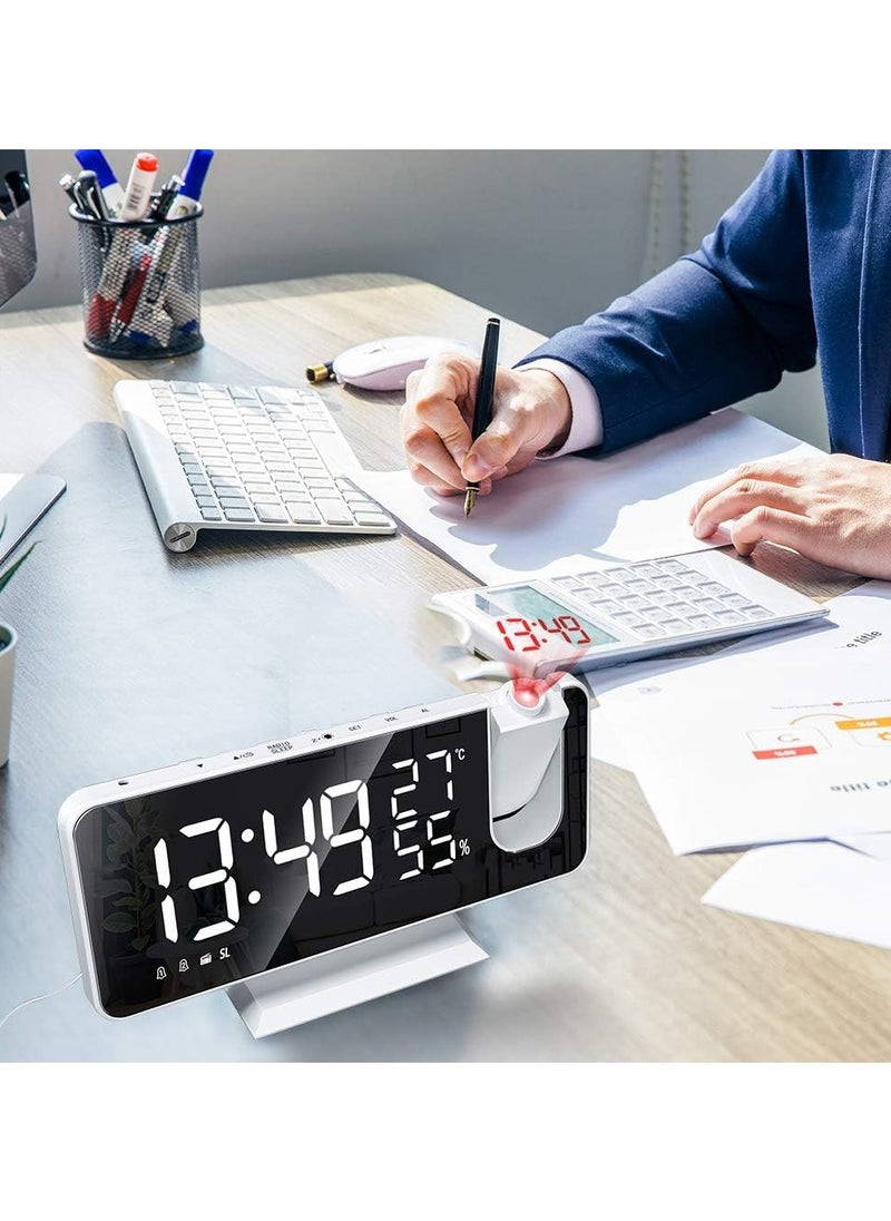MIXDE - Digital Projection Alarm Clock with Mirror Surface 4-in-1 180 Degree Projector Clock Indoor Temperature Humidity Monitor FM Radio Phone Charger LED Display - Image 1