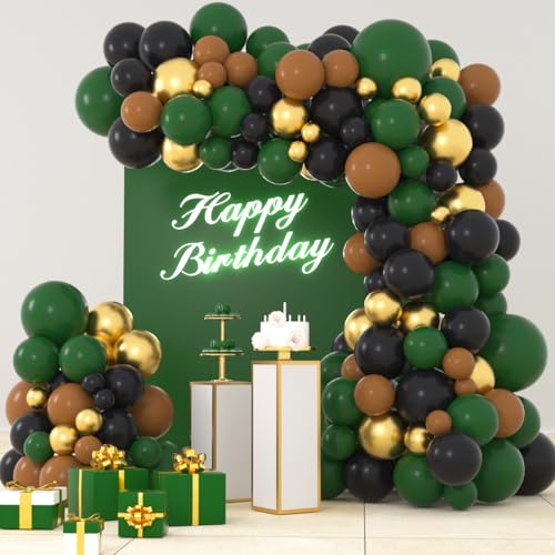 LUDEOU Dark Green Black Gold Balloon Arch Kit Dark Green Gold Balloons Black Brown Balloon for Football Safari Jungle Wildland Camo Military Birthday Baby Shower Graduation Party Decorations - Image 1