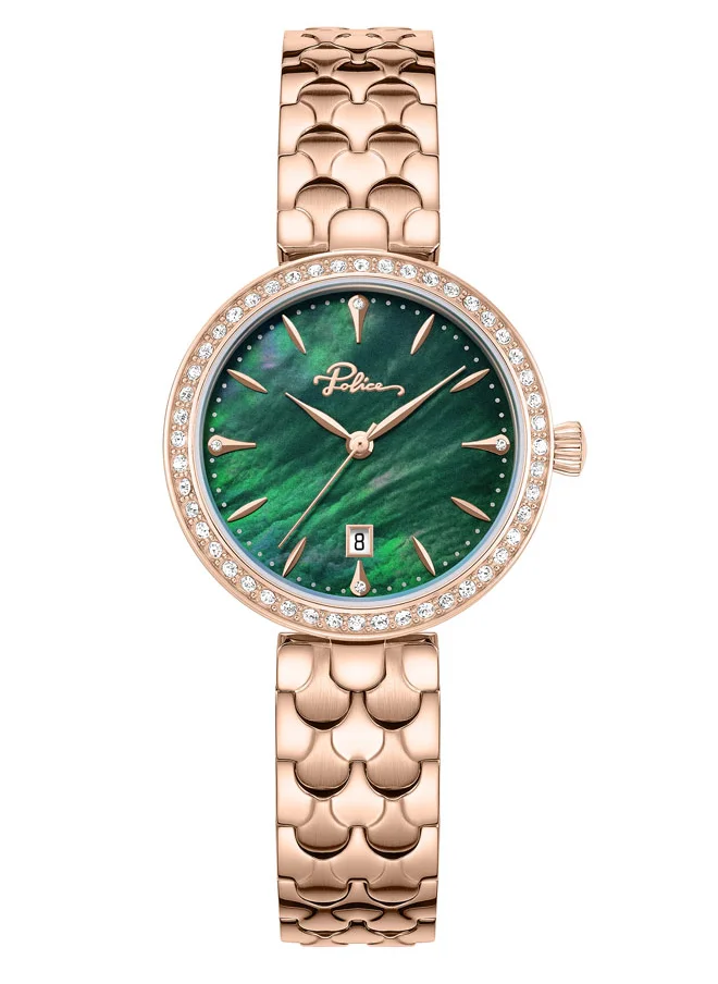 POLICE Ophidia Women’s 28mm Watch with Deep Green Mother-of-Pearl Dial, Rose Gold Indexes & 316L Stainless Steel Bracelet