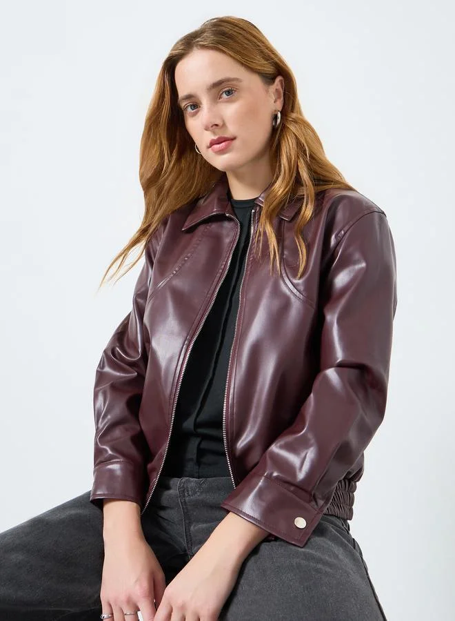 Take Two Women Burgundy Zip Up Faux Leather Jacket