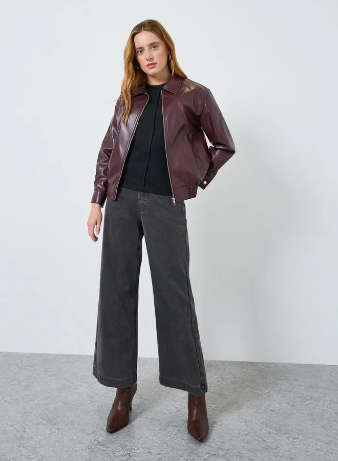 Take Two Women Burgundy Zip Up Faux Leather Jacket