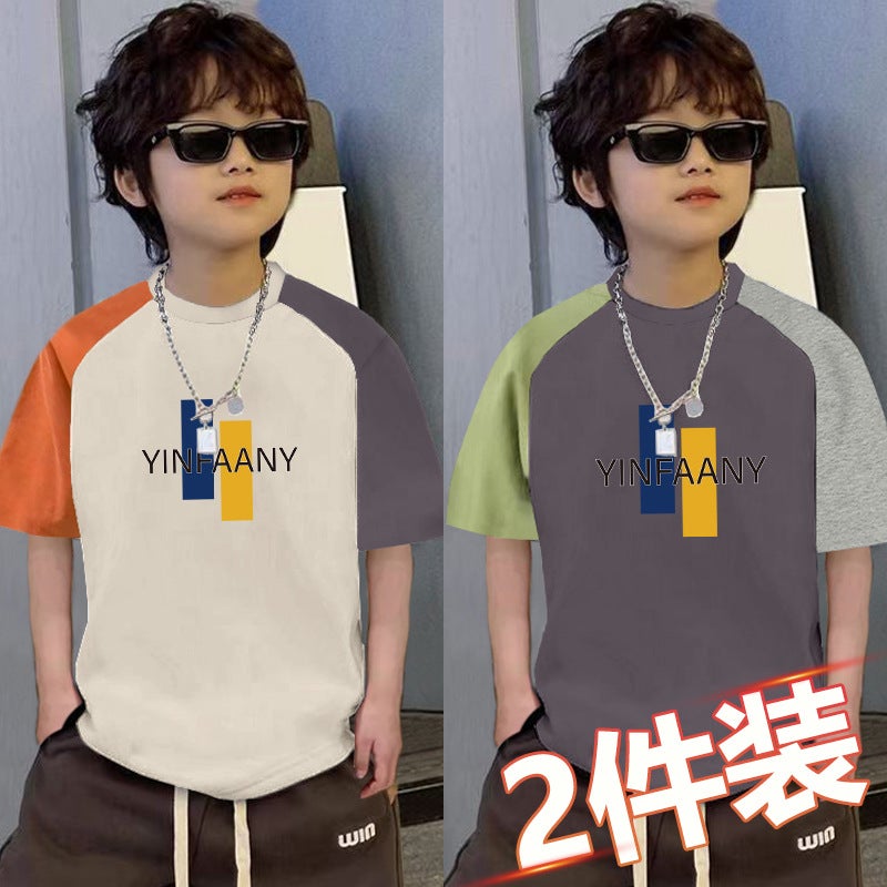 Boys' Loose Spliced Short-Sleeved T-Shirt Summer Medium And Large Kidsren'S Clothing 6-12 Years Old Handsome Boy Contrasting Color Top Two-Piece - Image 4