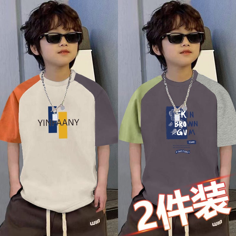 Boys' Loose Spliced Short-Sleeved T-Shirt Summer Medium And Large Kidsren'S Clothing 6-12 Years Old Handsome Boy Contrasting Color Top Two-Piece - Image 2