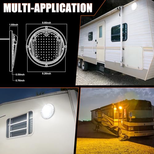 POVTOR ضوء خارجي LED RV POVTOR، ضوء شرفة دائري 8.5 بوصة مع 100 قطعة من مصابيح LED ثنائية اللون، مجموعة استبدال ضوء السقف المثبت على السطح لشاحنة RV، مقطورة، عربة خامسة، حافلة. - Image 5