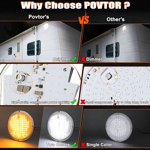 POVTOR ضوء خارجي LED RV POVTOR، ضوء شرفة دائري 8.5 بوصة مع 100 قطعة من مصابيح LED ثنائية اللون، مجموعة استبدال ضوء السقف المثبت على السطح لشاحنة RV، مقطورة، عربة خامسة، حافلة. - Image 2