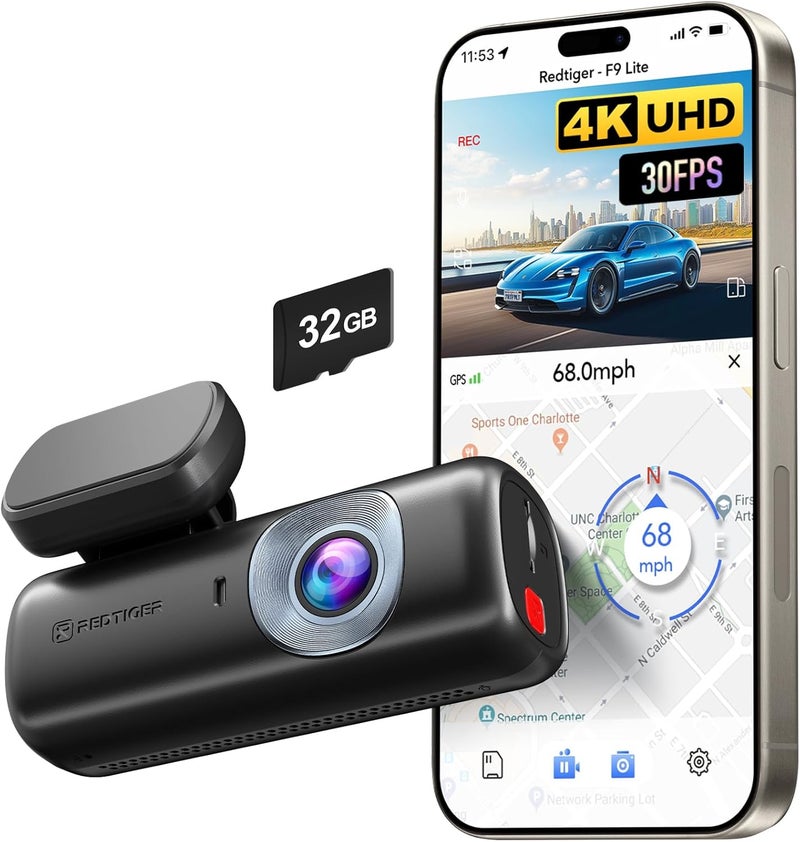 REDTIGER F9 Lite 4K Dash Cam with WiFi, GPS, G-Sensor, and 32GB Memory Card - Image 1