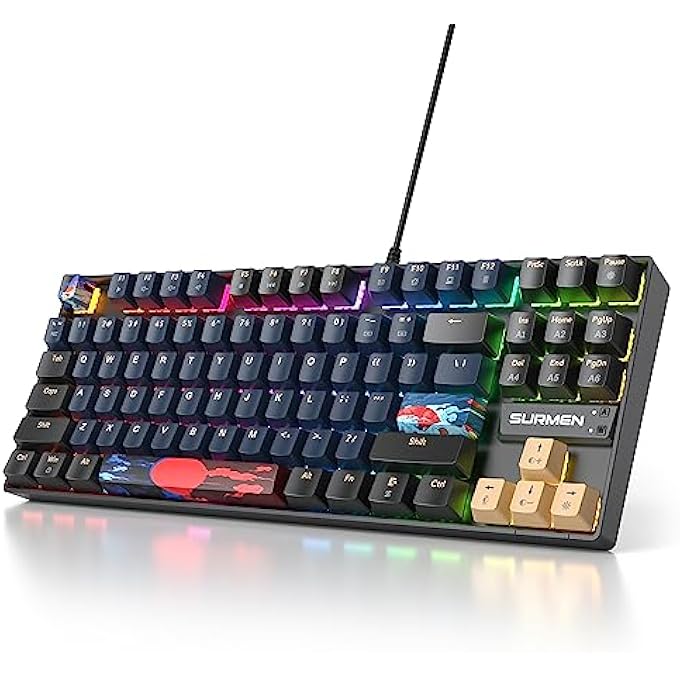 surmen PORTABLE 80% MECHANICAL GAMING KEYBOARD, 87 KEYS COMPACT RGB LED BACKLIGHT, WIRED KEYBOARD WITH USB CABLE, WITH LINEAR RED SWITCH FOR WINDOWS (87 BLUE SAMURAI) - Image 1