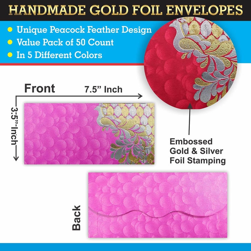 بارث إمبيكس ظرف هدايا شاجون للنقود (عبوة من 50) 7.5 بوصة × 3.5 بوصة، ريش طاووس، ختم بورق ذهبي وفضي، حامل نقود بألوان متنوعة، مناسب لأعياد الميلاد والديوالي وحفلات الزفاف والتخرج - Image 2