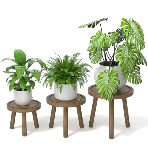 Vecxoty 3Pack Wood Plant Stands Indoor Single Plant Stand for 612 Inch Pots MidCentury Modern Plant Stool Tall Plant Stand for Large Plants for Living Room Balcony Office Dark Gray - Image 1