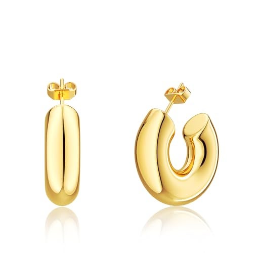 Moodear Chunky Dainty 14K Gold Plated Hoops Earring - Trendy Thick Hoop Hypoallergenic Earrings for Women Non Tarnish - Image 1