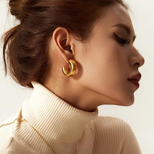 Moodear Chunky Dainty 14K Gold Plated Hoops Earring - Trendy Thick Hoop Hypoallergenic Earrings for Women Non Tarnish - Image 2