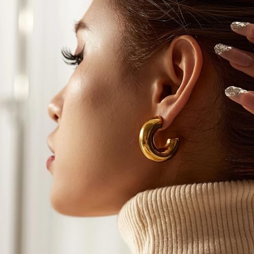 Moodear Chunky Dainty 14K Gold Plated Hoops Earring - Trendy Thick Hoop Hypoallergenic Earrings for Women Non Tarnish - Image 4