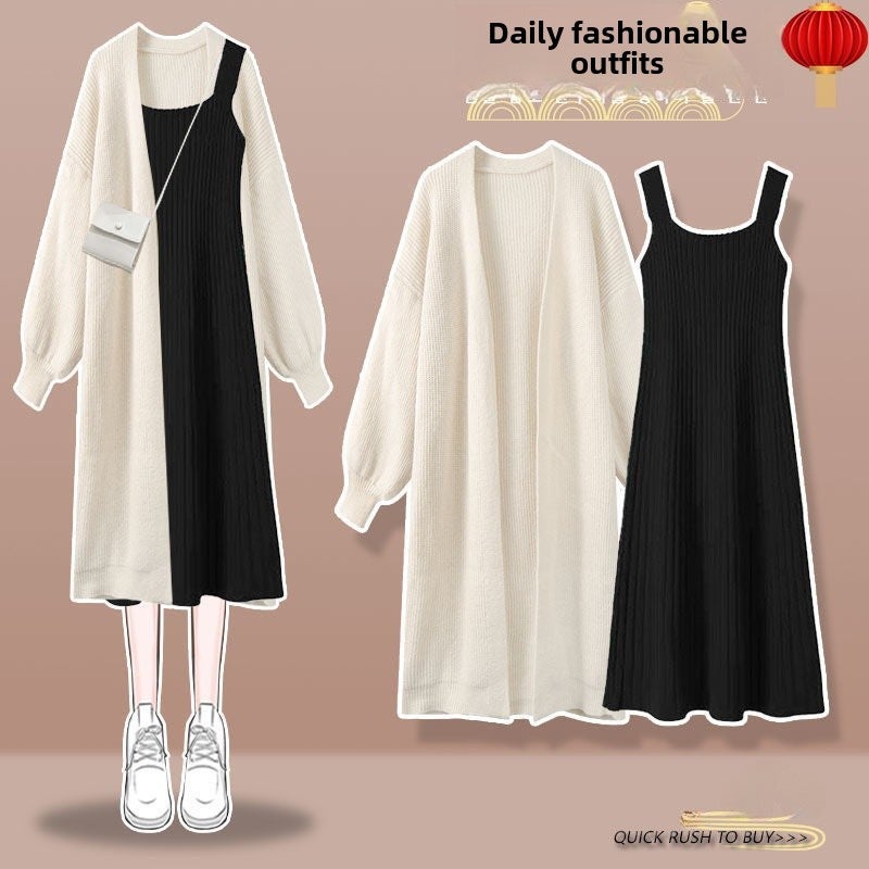 Z plus size Autumn and Winter suit Women 2024 New Sweater Long Coat Elegant Slim Red Slip Skirt Two Pieces 2990 black knit skirt